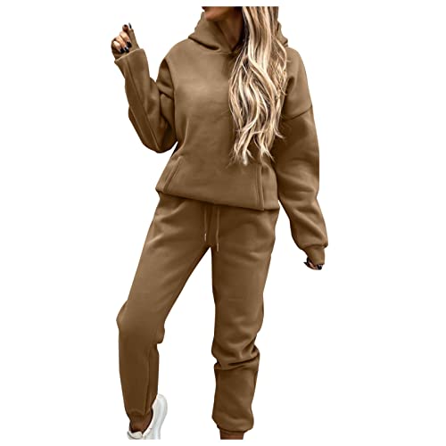 Damen Hausanzug mit Kapuze 2 Teile Herbst Einfarbig Schwarz Langarm Trainingsanzug Set Frau Lose Weiß Grau Khaki Hoodie Jogginganzug Kapuzenpullover Jogginghose für Damen Yoga Gym (001-Brown, L) von Generic