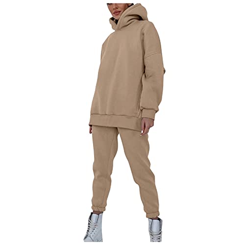 Damen Hausanzug mit Kapuze 2 Teile Herbst Einfarbig Schwarz Langarm Trainingsanzug Set Frau Lose Weiß Grau Khaki Hoodie Jogginganzug Kapuzenpullover Jogginghose für Damen Yoga Gym (02-Khaki, L) von Generic