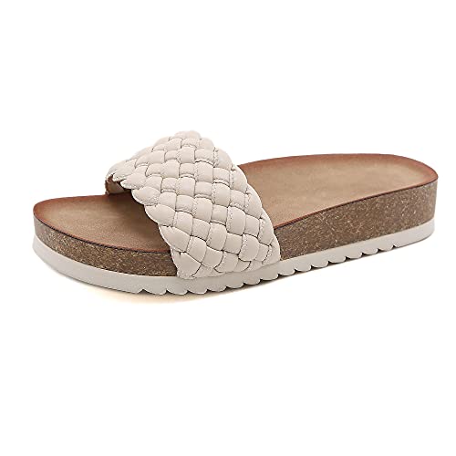 Damen Hausschuhe Leder Bequeme mit Kork-Fußbett rutschfest Pantoffeln,Flip Flop Bequem Sommer Frau Indoor/Outdoor Weich Strand Slippers -3CM (Beige, numeric_41) von Generic