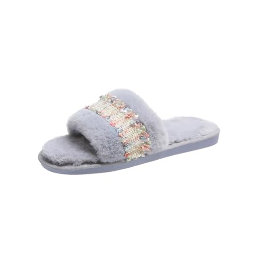 Damen Hausschuhe Mode Weiche Bequeme Winter Fleece Futter Flache Offene Zehe Flip Flops 40-41 EU,Grau von Generic