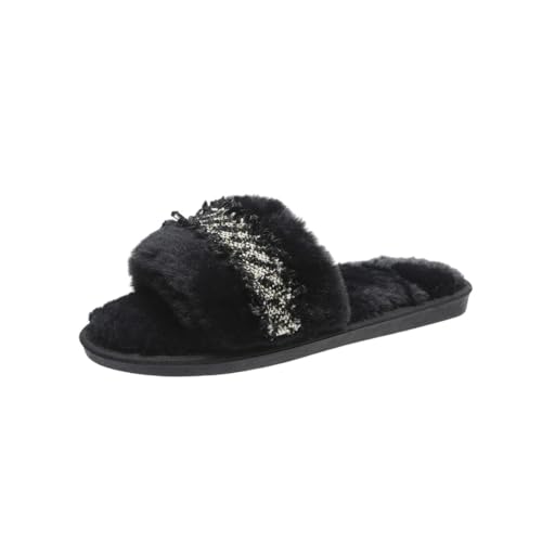 Damen Hausschuhe Mode Weiche Bequeme Winter Fleece Futter Flache Offene Zehe Flip Flops 40-41 EU,Schwarz von Generic