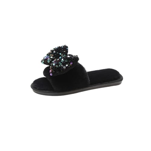 Damen Hausschuhe Pailletten Bogen Leichte Bequeme Winter Innen Mode Fleece Futter Flip Flops 38-39 EU,Schwarz von Generic