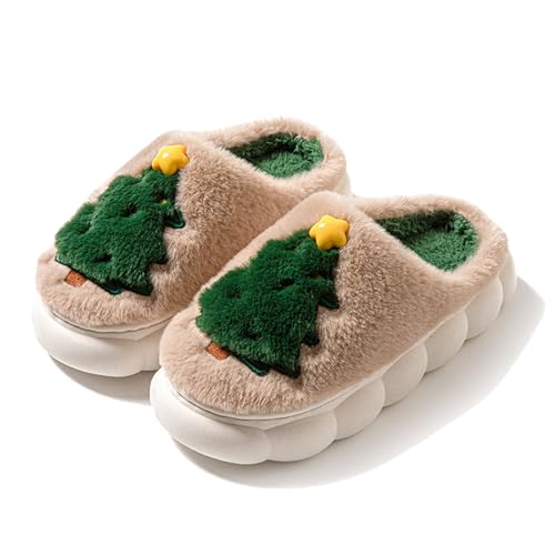 Damen Hausschuhe Weihnachts Rentier Design Geschlossene Spitze Flache Sohle Warme Gemütliche Pantoffeln Winter Indoor Schlappen (Khaki, 37) von Generic