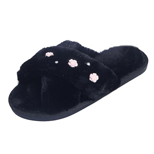 Damen Hausschuhe Winter Wärme Plüsch Pantoffeln mit Blumenmuster Freizeitschuhe Damenhausschuhe rutschfeste Pantoletten Flauschige Hausschlappen Bequeme Slippers von Generic