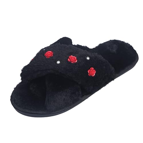 Damen Hausschuhe Winter Wärme Plüsch Pantoffeln mit Blumenmuster Freizeitschuhe Damenhausschuhe rutschfeste Pantoletten Flauschige Hausschlappen Bequeme Slippers von Generic