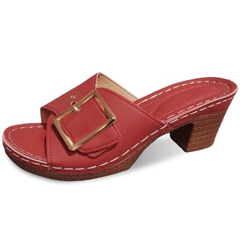 Damen-Hausschuhe mit Keilabsatz Bequeme Schlupfschuhe für Frühling Sommer lässige Freizeitschuhe Zehendesign weiches Obermaterial (Red, 43) von Generic