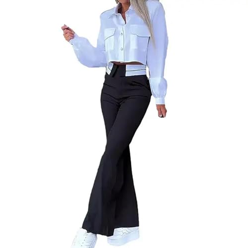 Damen-Hemd-Hosen-Anzug, einreihiger Revers-Anzug für Damen mit hoher Taille, Hose, langärmliges Hemd-Set, gerader Schnitt, Schwarz, L von Generic