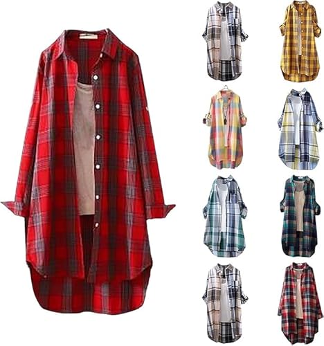 Damen Hemd Kariertes Baumwolle Langarm Regular Fit Flanellhemden Kariertes Oktoberfest Bluse Karo Tunika Tops Casual Oberteile Knöpfen Hemdjacke Revers Mantel Casual Check Bluse Outfit Mit Taschen von Generic