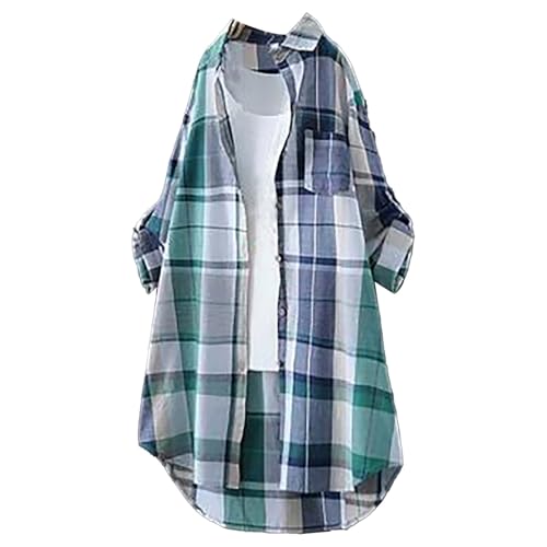 Damen Hemd Kariertes Baumwolle Langarm Regular Fit Flanellhemden Kariertes Oktoberfest Bluse Karo Tunika Tops Casual Oberteile Knöpfen Hemdjacke Revers Mantel Casual Check Bluse Outfit Mit Taschen von Generic
