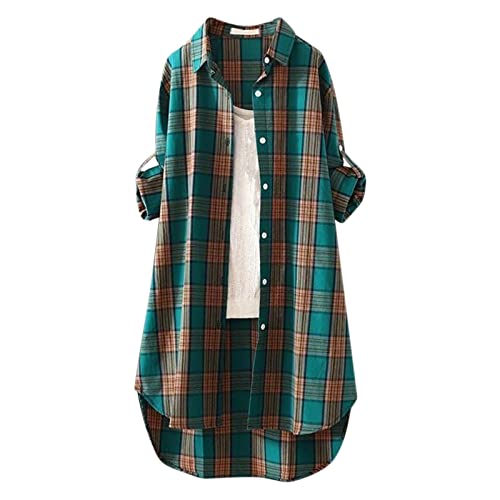 Damen Hemd Kariertes Baumwolle Langarm Regular Fit Flanellhemden Kariertes Oktoberfest Bluse Karo Tunika Tops Casual Oberteile Knöpfen Hemdjacke Revers Mantel Casual Check Bluse Outfit Mit Taschen von Generic