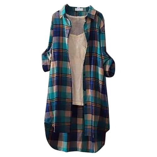 Damen Hemd Kariertes Baumwolle Langarm Regular Fit Flanellhemden Kariertes Oktoberfest Bluse Karo Tunika Tops Casual Oberteile Knöpfen Hemdjacke Revers Mantel Casual Check Bluse Outfit Mit Taschen von Generic