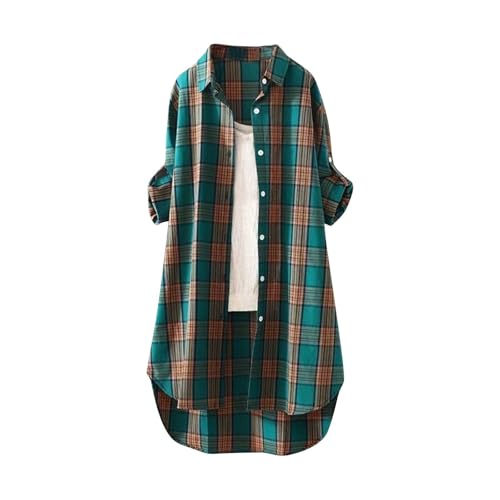 Damen Hemd Kariertes Baumwolle Langarm Regular Fit Flanellhemden Kariertes Oktoberfest Bluse Karo Tunika Tops Casual Oberteile Knöpfen Hemdjacke Revers Mantel Casual Check Bluse Outfit Mit Taschen von Generic