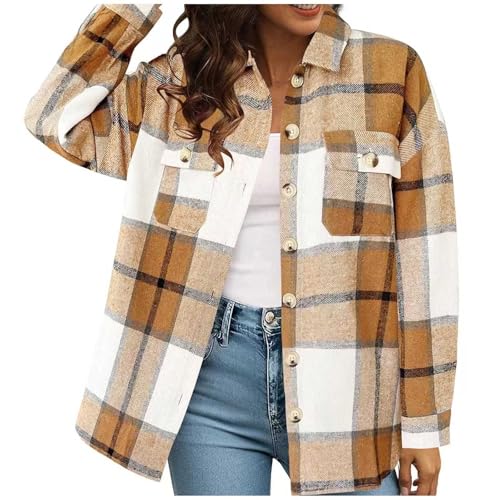 Damen Hemdjacke Karierte Jacke Langarm Shacket Mantel Flanell Karierte Jacke Hemdbluse mit Knöpfen von Generic