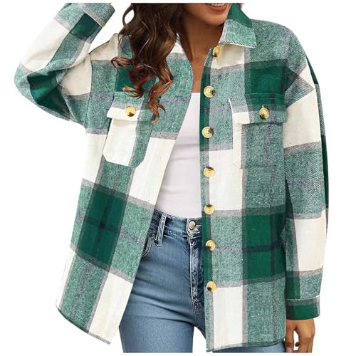 Damen Hemdjacke Karierte Jacke Langarm Shacket Mantel Flanell Karierte Jacke Hemdbluse mit Knöpfen von Generic