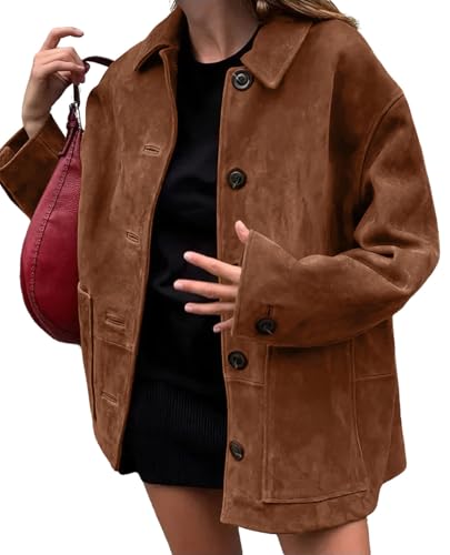 Damen Herbst Boyfriend Faux Wildleder Jacke Casual Midi Long Button Down Shacket Mantel (Braun,L) von Generic