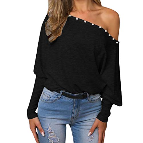 Damen Herbst Oberteil Schulterfrei Langarmshirt Damen Casual Batwing Bluse mit One Shoulder T Shirt Loose Fit, Schwarz, L von Generic