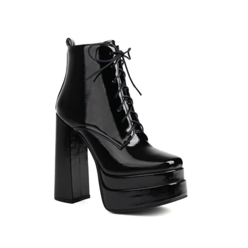 Damen Herbst Winter Blockabsatz Super Hohe Absatz Stiefeletten, Casual Schnür - Doppelte Plattform Kurzschnürstiefel mit Wasserfestem Design,Schwarz,40 EU von Generic