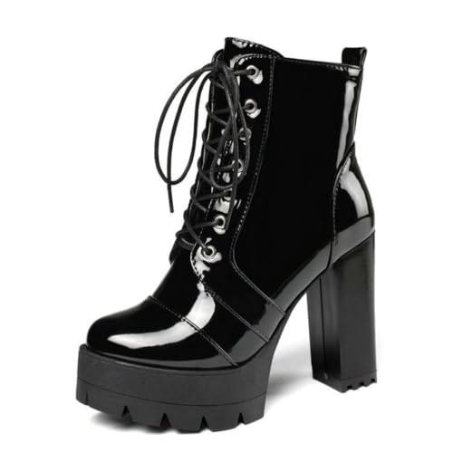 Damen Herbst Winter Neu Stiefeletten mit runder Zehenpartie und klobigen Absatz, Lackleder-Schnürsenkel - Kurze Stiefel für den stilvollen Alltag,Schwarz,39 EU von Generic