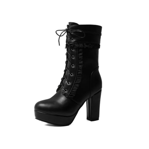 Damen Herbst Winter Neue Schnür - Süße Stiefeletten, Blockabsatz Plattform Lolita Stiefel für Cosplay & Alltag,Schwarz,40 EU von Generic