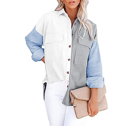 Damen Herbst und Winter Button Down Cord Shirt Oversize Langarm Revers Tunika Dünne Bluse Solid Color Top (Mehrfarbig 4,M) von Generic