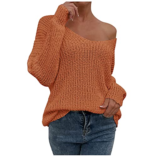 Damen Herbst und Winter Klassisch Sexy Schulterfrei Einfarbig Lose Ein-Wort-Kragen Gestrickte Rückenfreie Tunika Sweatshirts (Brown, L) von Generic