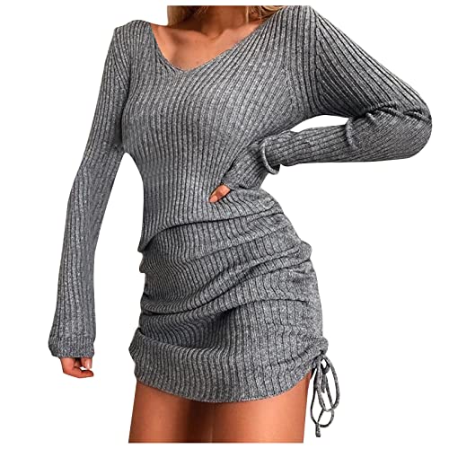 Damen Herbst und Winter Strickpullover Sexy Slim Minikleid Winter Plissee Kordelzug V-Ausschnitt Langarm Club Party Kleid für Frau, grau, Small von Generic