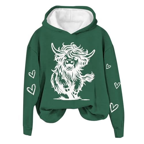 Damen Herbst und Winter Trendy Hoodie Kuh Print Kapuzenpullover Schulterfrei Langarm Sweatshirt Top & Co Damen (Dark Green, XXL) von Generic