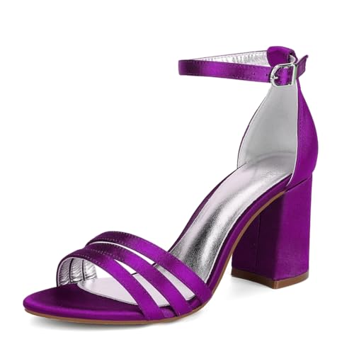 Damen High Chunky Heel Buckle Knöchelriemen Sandalen Bridal Hochzeitsschuhe Perfekt Für Hochzeiten Und Partys,Kleid 8Cm,Lila,36 EU von Generic