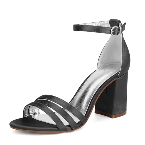 Damen High Chunky Heel Buckle Knöchelriemen Sandalen Bridal Hochzeitsschuhe Perfekt Für Hochzeiten Und Partys,Kleid 8Cm,Schwarz,38 EU von Generic