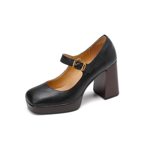 Damen High Chunky Plateau Mary Jane Schuhe Geschlossene quadratische Zehenpumps Knöchelriemen mit Schnalle Heels Kleid Party Schuhe,Schwarz,37 EU von Generic