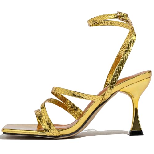 Damen High Heels 10cm mit Schlangenprägung & Metallabsatz Quadratspitze mit Knöchelriemen für Sommerpartys & Abendevents,Gold,36 EU Damen High Heels 10cm mit Schlangenprägung & Metallabsatz Quadratspitze mit Knöchelriemen für Sommerpartys & Abendevents,Gold,36 EU von Generic
