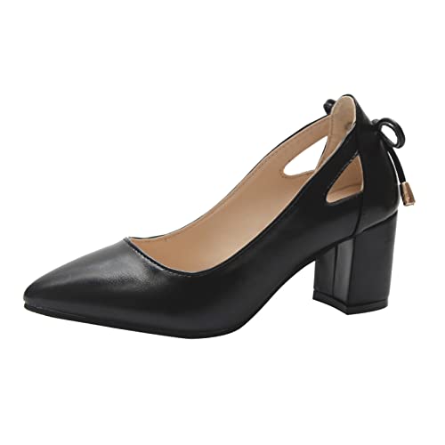 Damen-High-Heels mit spitzem, flachem Schnitt, dickem Absatz, ausgehöhltem Absatz-Design, Fliege-Dekoration, einfarbig Schuhe Damen Pumps 45 (Z01AB-Black, 38) von Generic