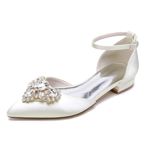 Damen High Heels mit spitzer Spitze, Knöchelriemen, Abendkleid, Flache Slipper,Elfenbein,43 Damen High Heels mit spitzer Spitze, Knöchelriemen, Abendkleid, Flache Slipper,Elfenbein,43 von Generic