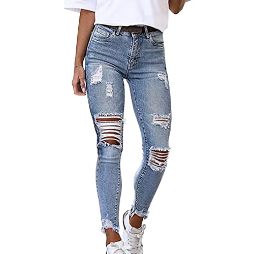 Damen High Waist Jeans Bootcut Röhrenjeans Hellblau Frauen Risse Ripped Lang Eng Denim Hose Vintage Bleistiftjean Schlank Stylische Jeans mit Löchern von Generic