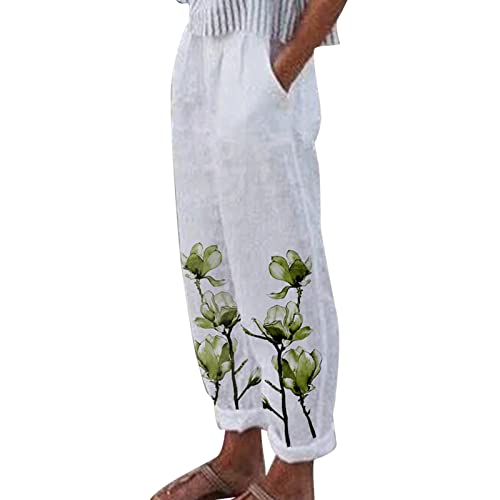 Damen High Waist Leinenhose Sommer Baggy 7/8 Lose Leinen Baumwolle Hose für Frauen Sommerhose Damen Leicht Luftige Stoffhose Freizeithose Pumphose Yogahose Jogginghose Sporthose Grün2 von Generic