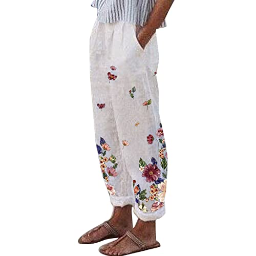 Damen High Waist Leinenhose Sommer Baggy 7/8 Lose Leinen Baumwolle Hose für Frauen Sommerhose Damen Leicht Luftige Stoffhose Freizeithose Pumphose Yogahose Jogginghose Sporthose Rot2 von Generic