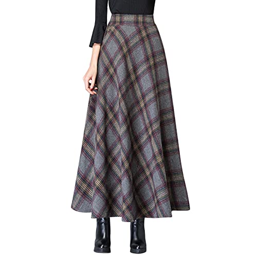 Damen High Waist Maxirock Flanellrock Herbst Kariert Langer A-Linie Rock von Generic