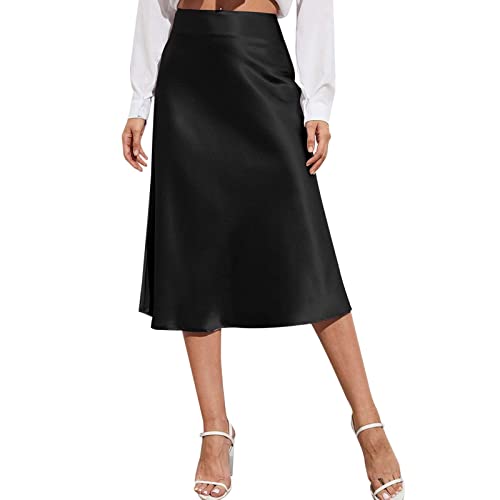 Damen High Waist Midi Rock Satin Fishtail Seidiger Satinrock Business Bleistiftrock Elegant HoheTaille Hüftrock Arbeitrock Bürorock Glänzende Rock Vintage Figurbetonter Rock (Black, XS) von Generic