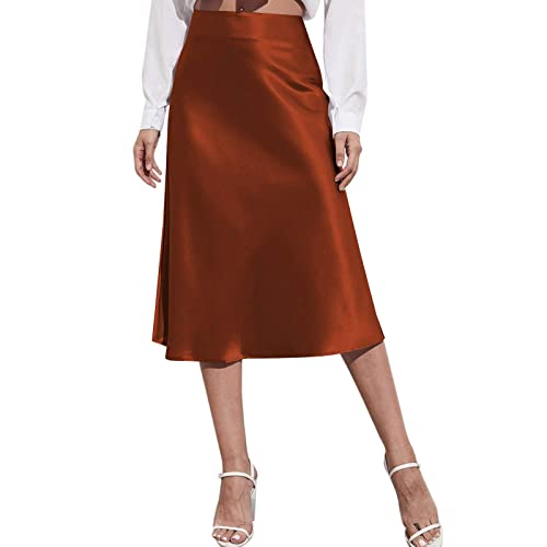 Damen High Waist Midi Rock Satin Fishtail Seidiger Satinrock Business Bleistiftrock Elegant HoheTaille Hüftrock Arbeitrock Bürorock Glänzende Rock Vintage Figurbetonter Rock (Brown, XS) von Generic