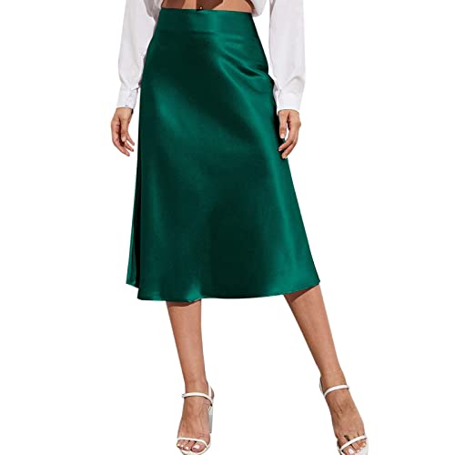 Damen High Waist Midi Rock Satin Fishtail Seidiger Satinrock Business Bleistiftrock Elegant HoheTaille Hüftrock Arbeitrock Bürorock Glänzende Rock Vintage Figurbetonter Rock (Green, L) von Generic