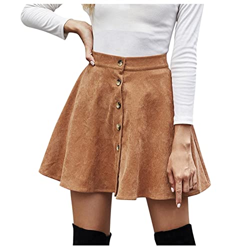 Damen High Waist Sexy Rock Knopfleiste Cord Flare Gitter gedruckt A-Linie Shorts Mini Elegante All-Röcke Jumper 2 (10AA-Khaki, M) von Generic