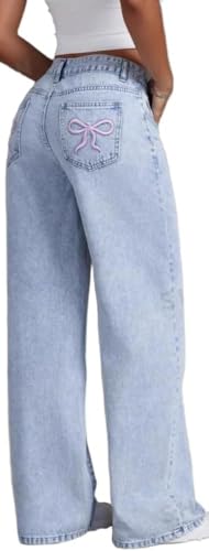 Damen High-Waisted Wide-Leg Y2k Jeans Mode Casual Hosen mit Schleife Bestickt Taschen (Stil-2,S) von Generic