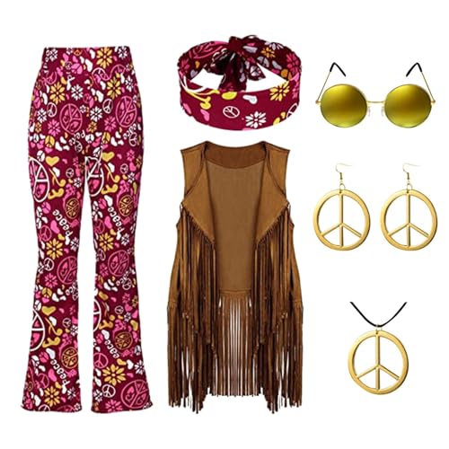 Damen Hippie-Hosen-Set, Hippie-Kostüm Damen mit Hippie-Weste, Hippie-Hosen, Hippie-Brille und Hippie-Accessoires für Halloween, 70er-Jahre-Kostüm, Frau, Cosplay Karneval Kostüme Karneval Kostüm Damen von Generic
