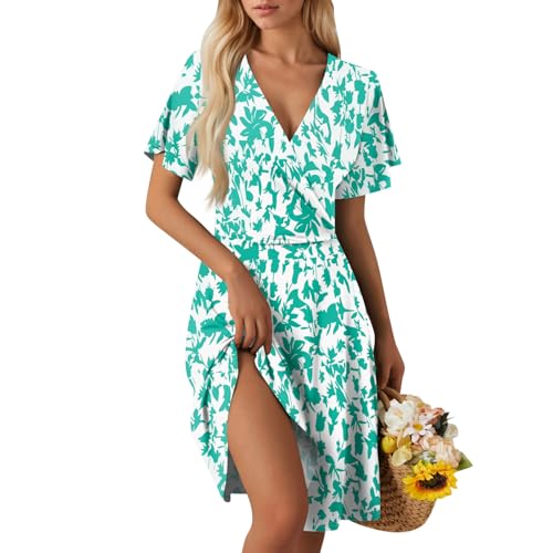 Damen Hochzeit Kleidung Sommerkleid Damen V Ausschnitt Kurzarm Strandkleid Knielang Blumen A-Linie Kleid Loose Swing Freizeitkleid Summer Dress Tshirt Kleider Leicht und Luftig A Green L von Generic