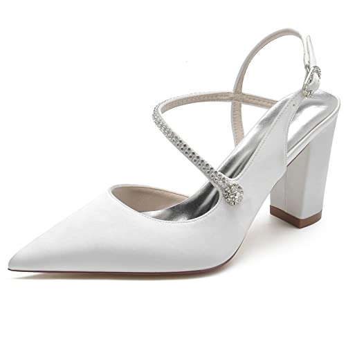 Damen Hochzeitsschuhe,Braut Hohe Absätze Mit Blockabsatz, Spitz Slingback-Pumps,Strass Satin Pumps8.5Cm,Weiß,38 EU Damen Hochzeitsschuhe,Braut Hohe Absätze Mit Blockabsatz, Spitz Slingback-Pumps,Strass Satin Pumps8.5Cm,Weiß,38 EU von Generic