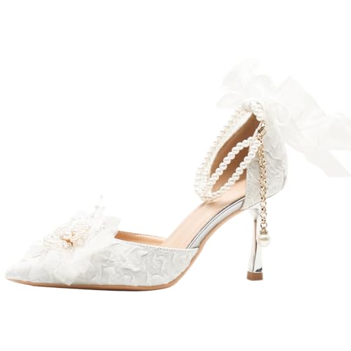 Damen Hochzeitsschuhe Perlenverziert Spitze Zehen Knöchelriemen Stilettoabsatz Brautschuhe Atmungsaktive Baumwolle Weiß für Empfang & Alltag,Weiß,38 EU Damen Hochzeitsschuhe Perlenverziert Spitze Zehen Knöchelriemen Stilettoabsatz Brautschuhe Atmungsaktive Baumwolle Weiß für Empfang & Alltag,Weiß,38 EU von Qynthra