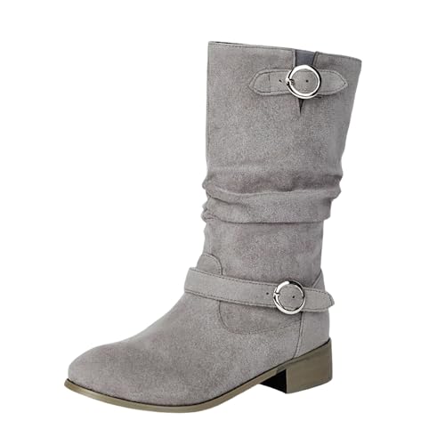 Damen Hohe Stiefel Winter Schuhe Warme Leder Reitstiefel Niedrige mit Absatz Komfort Beiläufige Schnalle Langschaft Damen Kniehohe Hohe Stiefel Mit Blockabsatz (Grey, 37) von Generic