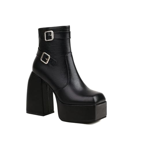 Damen Hoher Absatz Stiefeletten Mit Reißverschluss Quadratische Zehe Plattform-Booties PU-Leder Kurze Stiefel Mit Schnalle,Schwarz,38 EU von Generic