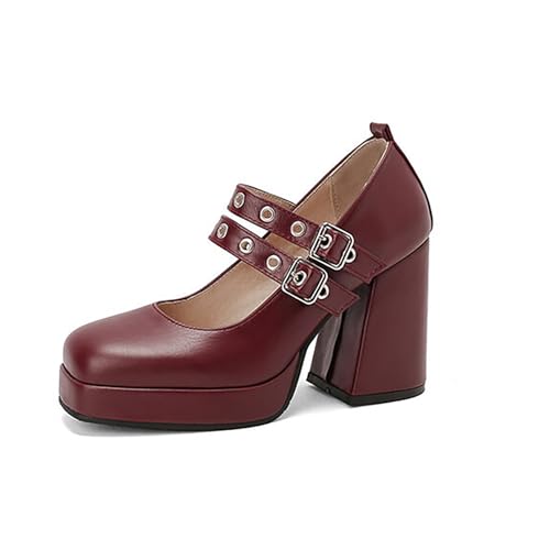 Damen Hoher Blockabsatz Plateau Pumps Quadratische Zehe PU Leder Kleid Schuhe Knöchelriemen Mary Janes Mit Schnalle,Burgundy,40 EU von Generic