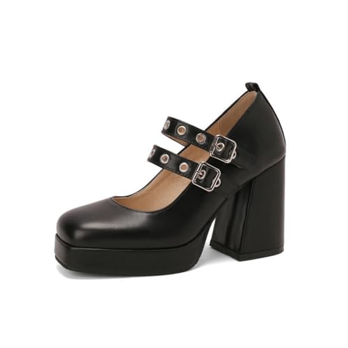Damen Hoher Blockabsatz Plateau Pumps Quadratische Zehe PU Leder Kleid Schuhe Knöchelriemen Mary Janes Mit Schnalle,Schwarz,41 EU von Generic